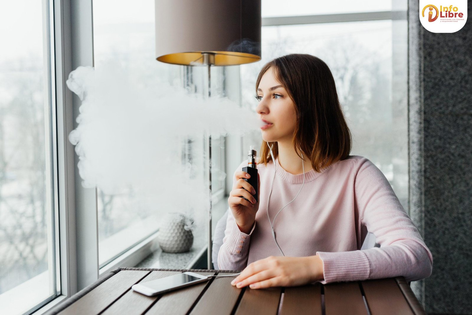 Modern girl smoking vape.Trendy new vaping device,smoke e-liquid vapeadores